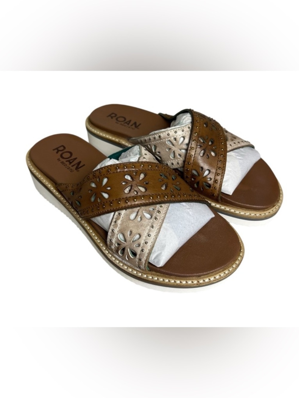 Roan by Bedstu Chant Size 7.5 Criss Cross Tan/Brown Leather Sandals NEW